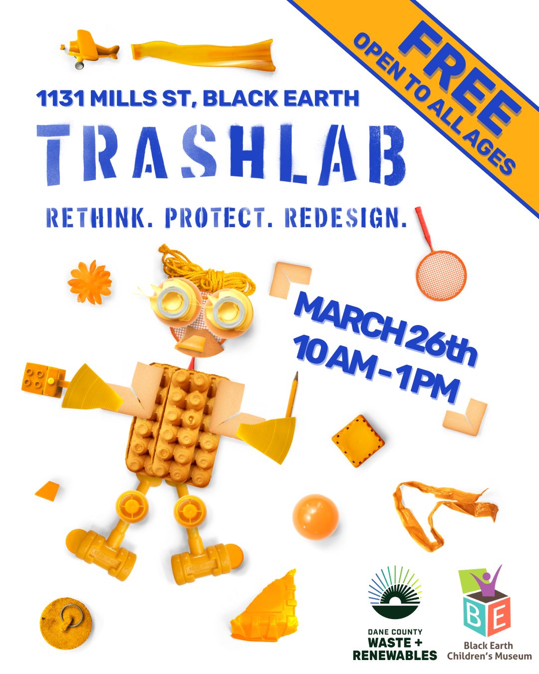 flyer for Trash Lab event with small orange materials